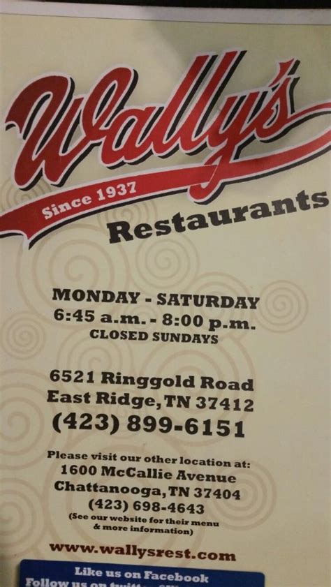 Wally's restaurant chattanooga - 6521 Ringgold Rd. Chattanooga, TN 37412. (423) 899-6151. Website. Neighborhood: Chattanooga. Bookmark Update Menus Edit Info Read Reviews Write Review.